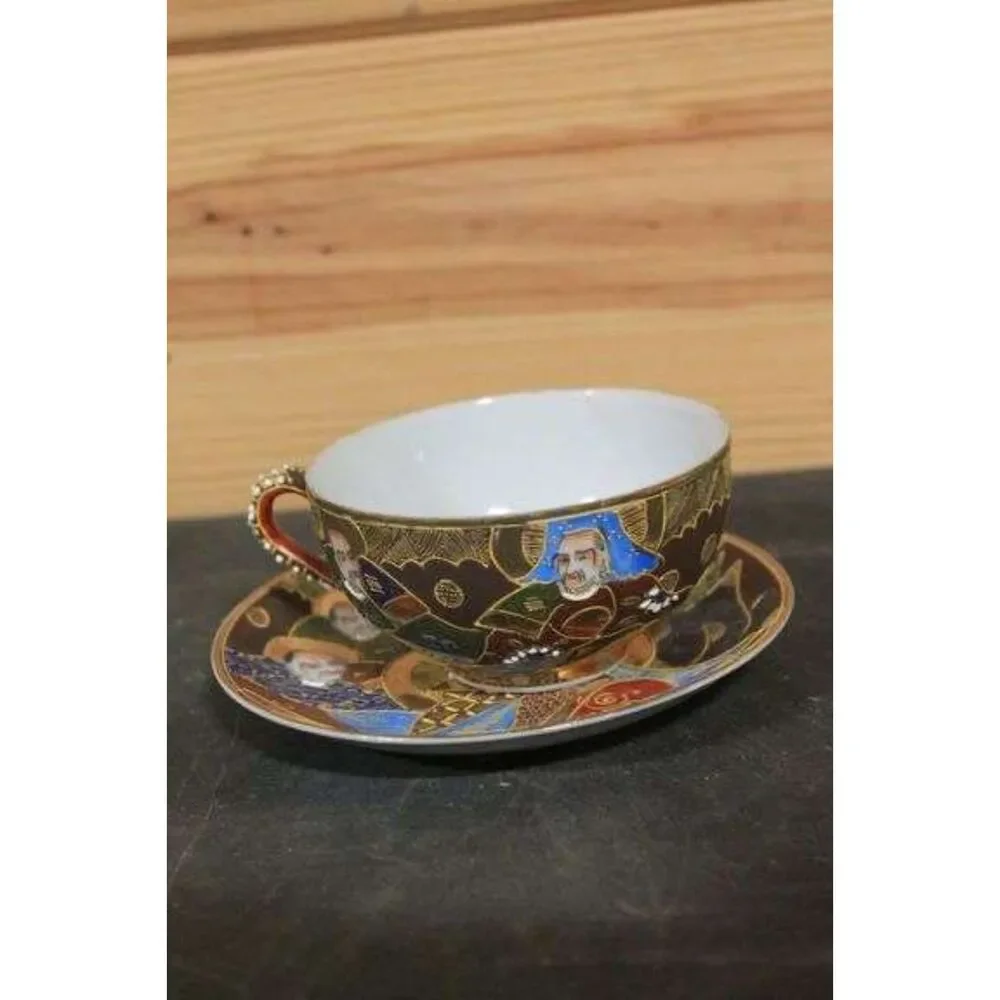 Vintage Japanese Satsuma/Kutani Porcelain Tea Cup and Saucer with Hand-painted